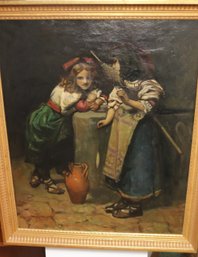 Decorative Painting Of Two Young Girls Playing With A Repair