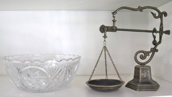 Pressed Glass Bowl And Decorative Metal Scale.