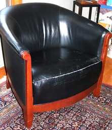English Style Armchair With Curved Wood Frame Black Leather Upholstery