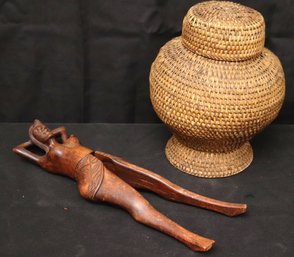 Woven Basket And Carved Wood Figure