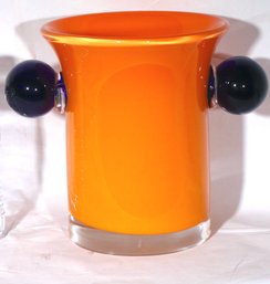 Contemporary Orange Art Glass Ice Bucket With Cobalt Blue Handles
