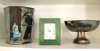 Silver Plated Ice Bucket And Pedestal Bowl By Wolff And Galassi Italy Framed Clock.