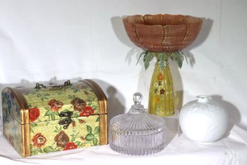 Collection Includes Cut Candy Dish With Lid, Signed Franz Vase, Decorative Glass Palm Tree Pedestal Dish &