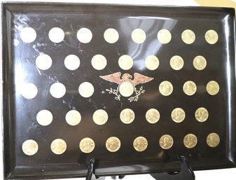 Unique Couroc Inlaid Presidential Coin Set In Serving Tray With Eagle Emblem In The Center