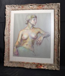 Framed Nude Pastel Portrait Artwork By Flora B Giffuni PSA In A Distressed Carved Wood Frame