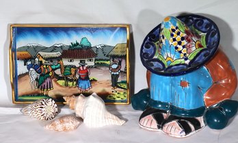 Mexican Pottery Sleeping Siesta Sombrero Man Includes Hand Painted Wood Tray From Bolivia & Assorted Shell