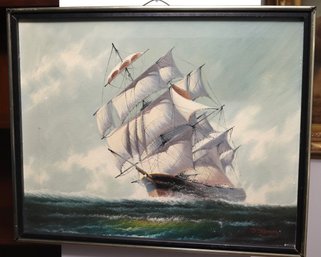 Nautical Seascape Sail Ship Painting On Canvas Signed By The Artist J. James