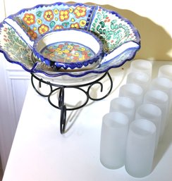 Large Santa Fe Style Serving/Snack Bowl & Frosted Water Glasses