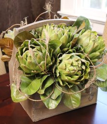 Primitive Style Natural Wood Basket With Faux Artichokes And Leaves.