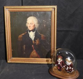 Framed Vintage Oil Painting On Board And Display Piece With Miniature Porcelain Face Dolls , WALN JT