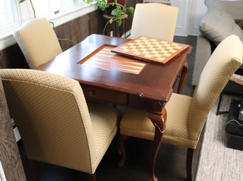 Gorgeous Theodore Alexander Game Table With Chess And Backgammon, And 4 Tall Back Chairs.