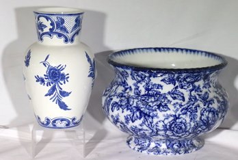 Blue And White Lasol Ware Cavendish England Jardiniere With Stamp And Tiffany Delft Vase Made In Portugal