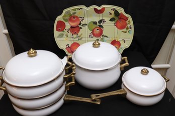 Eight-piece Enamel And Brass White Cookware Set And Decorated Serving Tray With Pomegranates By Tracy Porter.