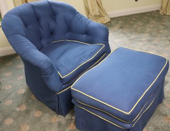 Cozy And Comfortable Tufted Armchair With Ottoman In A Navy-blue Fabric With Yellow Accents