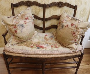 Country French Carved Oak Settee With Rush Seats, And Aubusson Seat Cushion And Accent Pillows With Roosters.