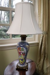 Vintage Hand Painted Japanese Porcelain Character Vase Lamp Conversion With A Silk Pleated Shade