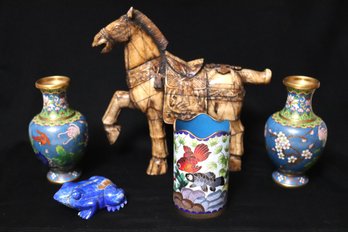 Handmade Horse  2 Matching Cloisonne Vases And Pencil Cup
