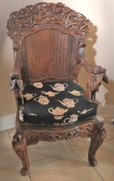 Amazingly Carved Asian Armchair With Iris Flowers, Clouds And Lotus Leaves