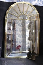 Vintage MCM Brass Cathedral Form Beveled Edge Wall Mirror Measures Approx. 28 X 44 Inches