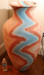 Large Multi-colored Swirl Pottery Nemadji Style Floor Vase Hand Painted With Blue & Pink Tones 1989 Signed