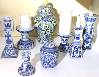 Blue & Yellow Porcelain Urn With Lid Includes Assorted Blue & White Porcelain Candle Holders Ranging In Sz