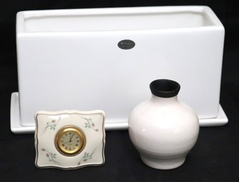 Modern White Rectangular Planter, Bud Vase, And Lenox Clock.