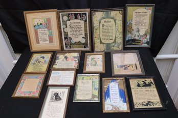 Lot Of 14 Antique Mother Prints Framed, With Poetry, And Prose.