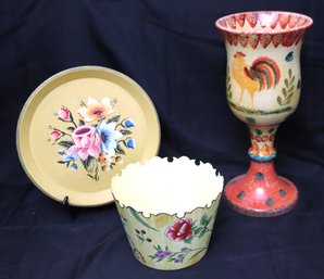 Floral Painted Tole Planter, Tray, And A Tall Ceramic Vase With Painted Rooster.