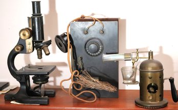 Vintage Spencer Buffalo USA Microscope, Brass Torch Accessory, Antique Radio With Wood Box