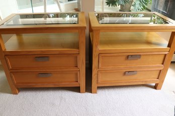 Pair Of Contemporary Bassett Furniture Nightstands With Beveled Glass Top