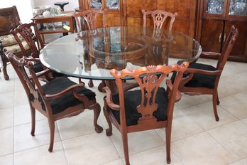 Round Carved Mahogany Table Base With Beveled Glass Top And 6 Chippendale Style Armchairs.