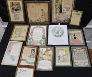 Lot Of 14 Antique Framed Mother Prints, With Lovely Poems