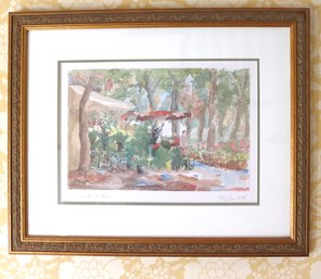 Watercolor Painting Signed By P J Llado Titled Promenade De Fleur, In Embossed Gold Frame.
