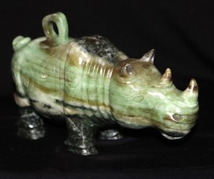 Green Stone Detail Carved Rhinoceros With Lid
