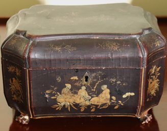 Antique Chinese Hand Painted/lacquered Wood Tea Caddy Box With Paw Feet