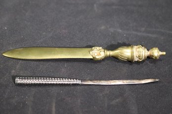 Brass Letter Opener And Vintage Sterling Letter Open With Mark On The Bottom