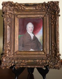 Antique Portrait Painting In Ornate Carved Wood Frame, Label On Back