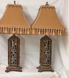 Pair Of Asian Pagoda Style Table Lamps With Climbing Monkey Accents, Includes A Gorgeous Custom Silk Shades Wi
