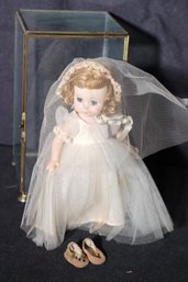 Vintage Porcelain Face Bridal Doll In Brass/ Glass Display Case