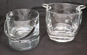 Two. Modern Glass Ice Buckets With Silver Color Handles.