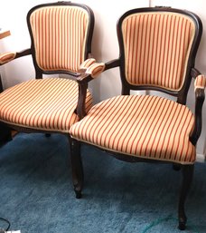 Pair Of Elegant Carved Custom Accent Chairs With Corded Linen Fabric & Padded Arms With Floral Accents