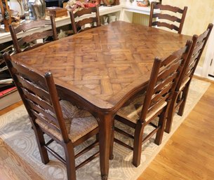 French Style Parquet, Top Oak Table And Six Ladder Back Chairs With Rush Seats.