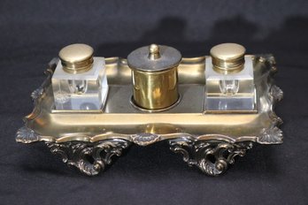 French Style Brass Inkwell Tray With Two Inkwells And Stamp Holder.