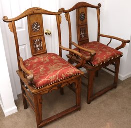 Pair Of Vintage Chinese Carved Hard Wood Yoke Back Arm Chairs With Custom Red/gold Floral Cushion