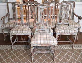 Set Of 8 Queen Anne Style Dining Chairs Made In Florence Italy With Plaid Fabric.