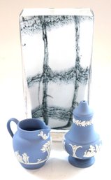 Unique Art Glass Vase & Miniature Wedgwood Pitcher With Shaker