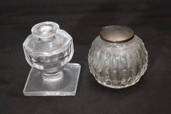 An Antique Inkwell With Silver Plated, Unattached Lid, And Glass Perfume Bottle.