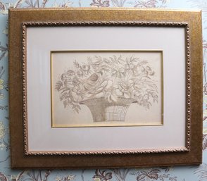 Pen And Ink Drawing Of Seasonal Flowers Matted And In Giltwood Frame By Pocker And Sons.