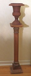 Fluted Carved Wood Pedestal And Cast Metal Urn Vase