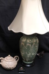 Painted Table Lamp With Fabric Shade, Terra- Cotta Jar With Lid And Lacquered Hand Painted Box.